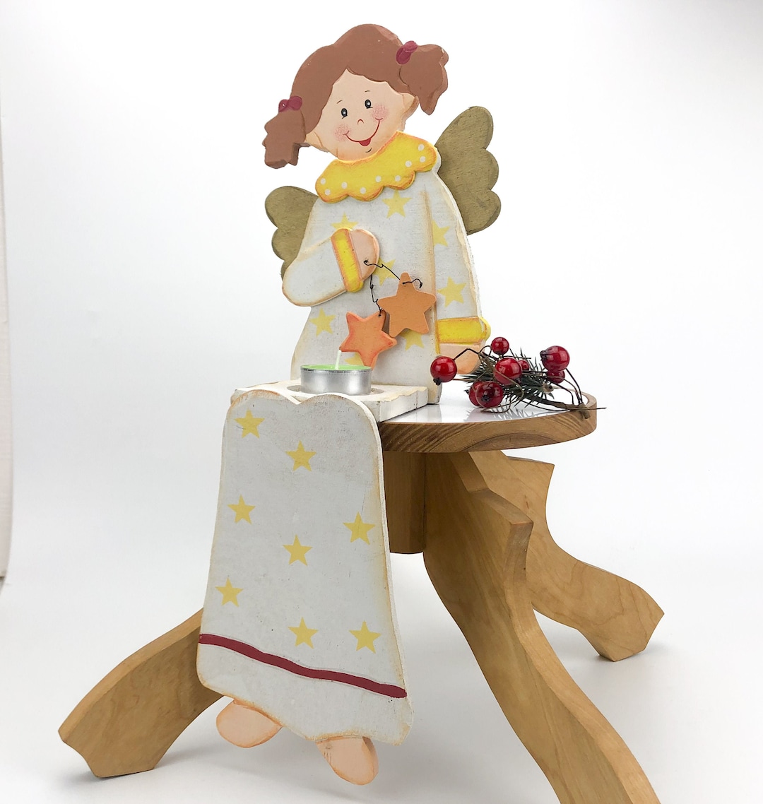 Retro Wood Angel Candle Stand Made in Europe Etsy