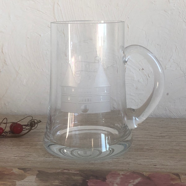 Vintage glass beer mug with hand engraving Glaskunst Schwartau .