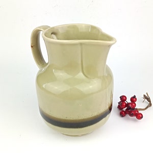 May include: A light green ceramic pitcher with a brown and black band around the bottom. The pitcher has a wide mouth and a handle.