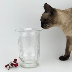 Wide clear glass flower vase etched pattern. Vintage from Europe