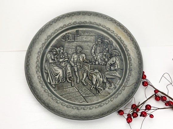 Vintage Bas-relief Decoraive Pewter Wall Plate From Germany