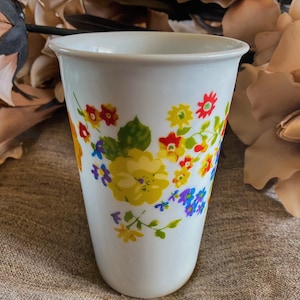White round colourful flower vase vintage item