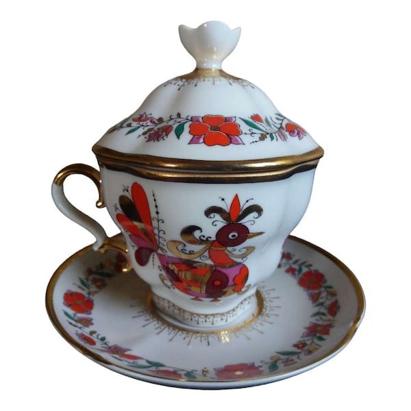 tasse en porcelaine vintage Lomonosov LFZ avec couvercle et soucoupe coq rouge, ensemble duo
