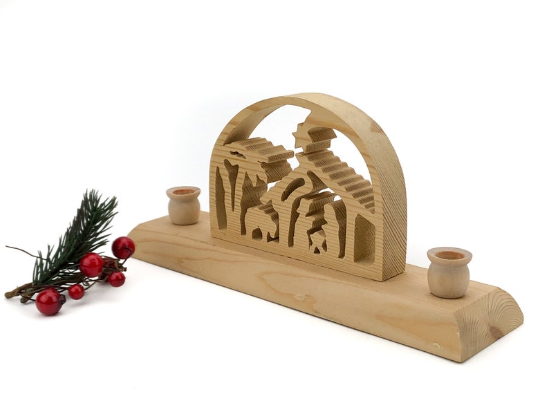 Vintage wood creche figurine with candle holders