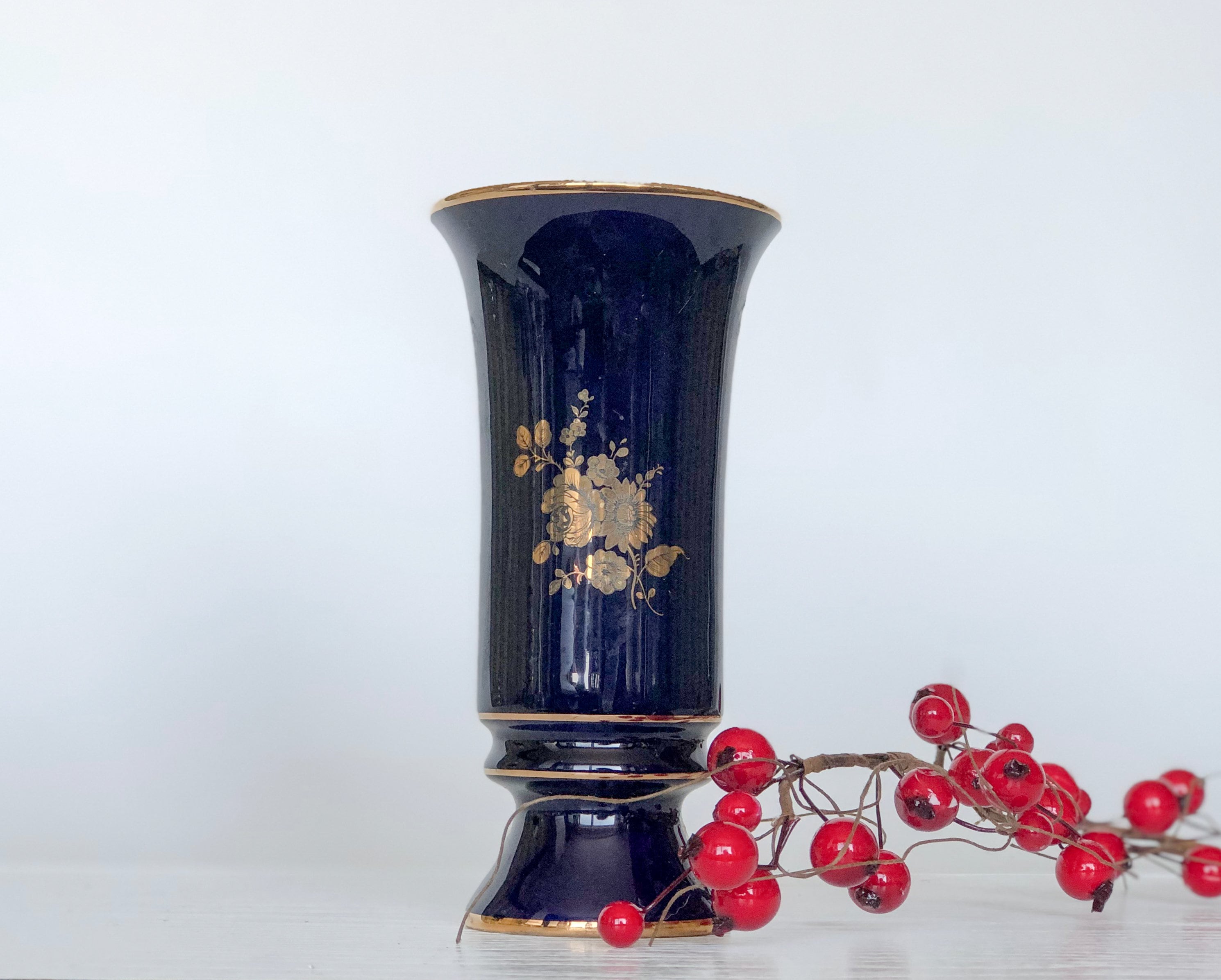 【スペイン製】アンティーク コバルトブルー 花瓶 両手付き 21cm インテリア ドイツ製 花瓶 ヴィンテージ アンティーク アイテム、コバルトブルー