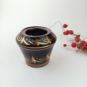 Antique black and gold sugar bowl made by Troyan ceramics, Bulgaria