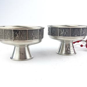 Vintage Konge Tinn pewter tin bowl set with Sweden horseman and flowers pattern and bas-reliefs by Tenn Bollnäs