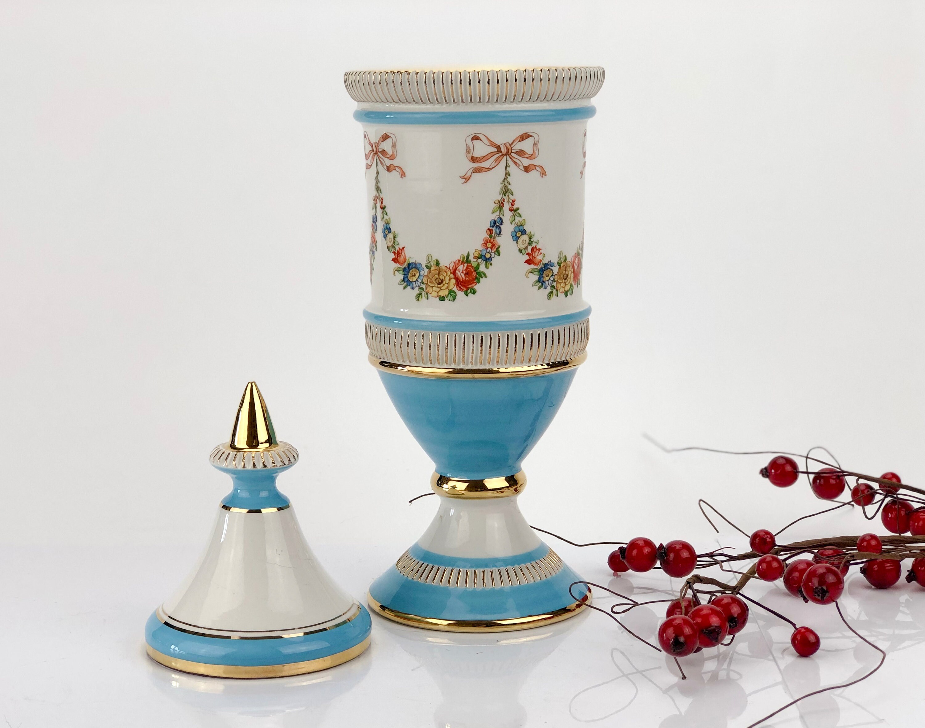 Italian blue tall vase with lid made from porcelain Etsy