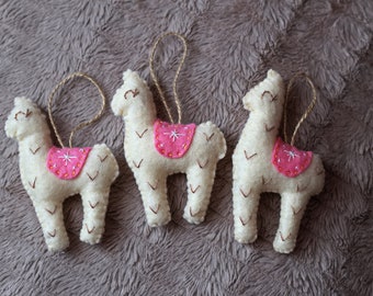 Set of 3 Handmade Pink Llama Felt Decorations, Stuffed decorations, Animal Ornament, Handmade Christmas Ornaments, Christmas Tree Decoration