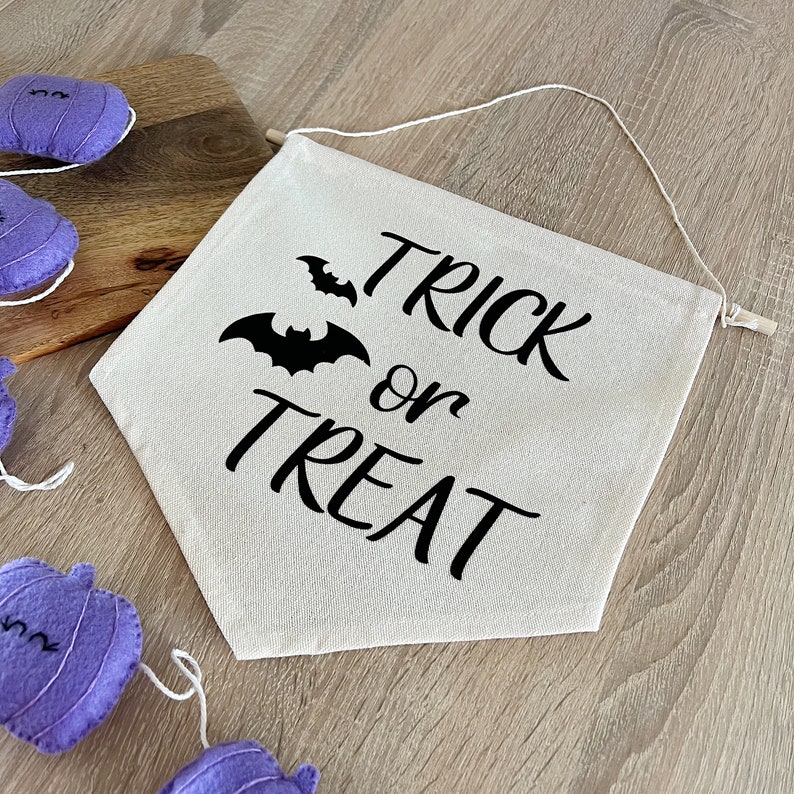 Trick or Treat Banner, Halloween Decor, Spooky Party Decorations, canvas banner, Pennant flag, Canvas wall art, Children Bedroom Flag image 3