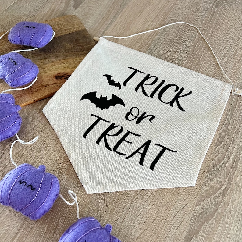 Trick or Treat Banner, Halloween Decor, Spooky Party Decorations, canvas banner, Pennant flag, Canvas wall art, Children Bedroom Flag image 4