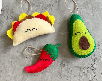 Mexikanisches Essen Weihnachtsschmuck Set: Handgemachte Filz Taco, Avocado, Chili, Geschenk für Feinschmecker