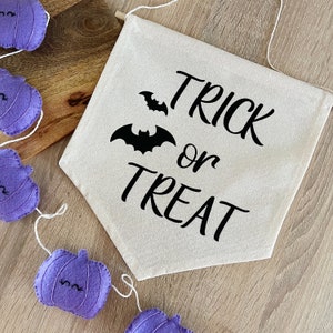 Trick or Treat Banner, Halloween Decor, Spooky Party Decorations, canvas banner, Pennant flag, Canvas wall art, Children Bedroom Flag image 1