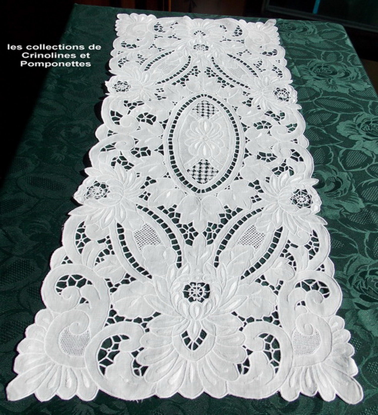 Napperon Brode Main sur Lin Broderie Richelieu Royal Blanc 37x82 Rectangulaire Chemin de Table