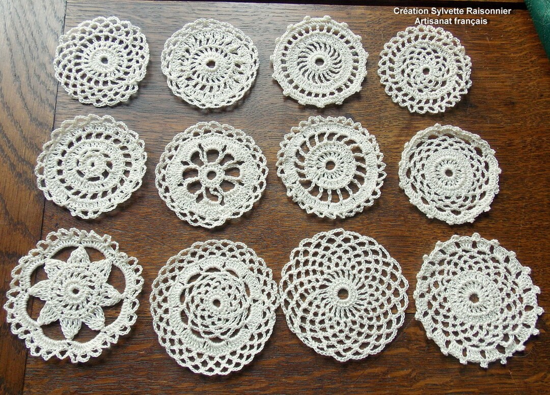 Lot De 7 Sous-verres Ronds En Coton Perlé, Création Sylvette Raisonnier, Artisanat Français