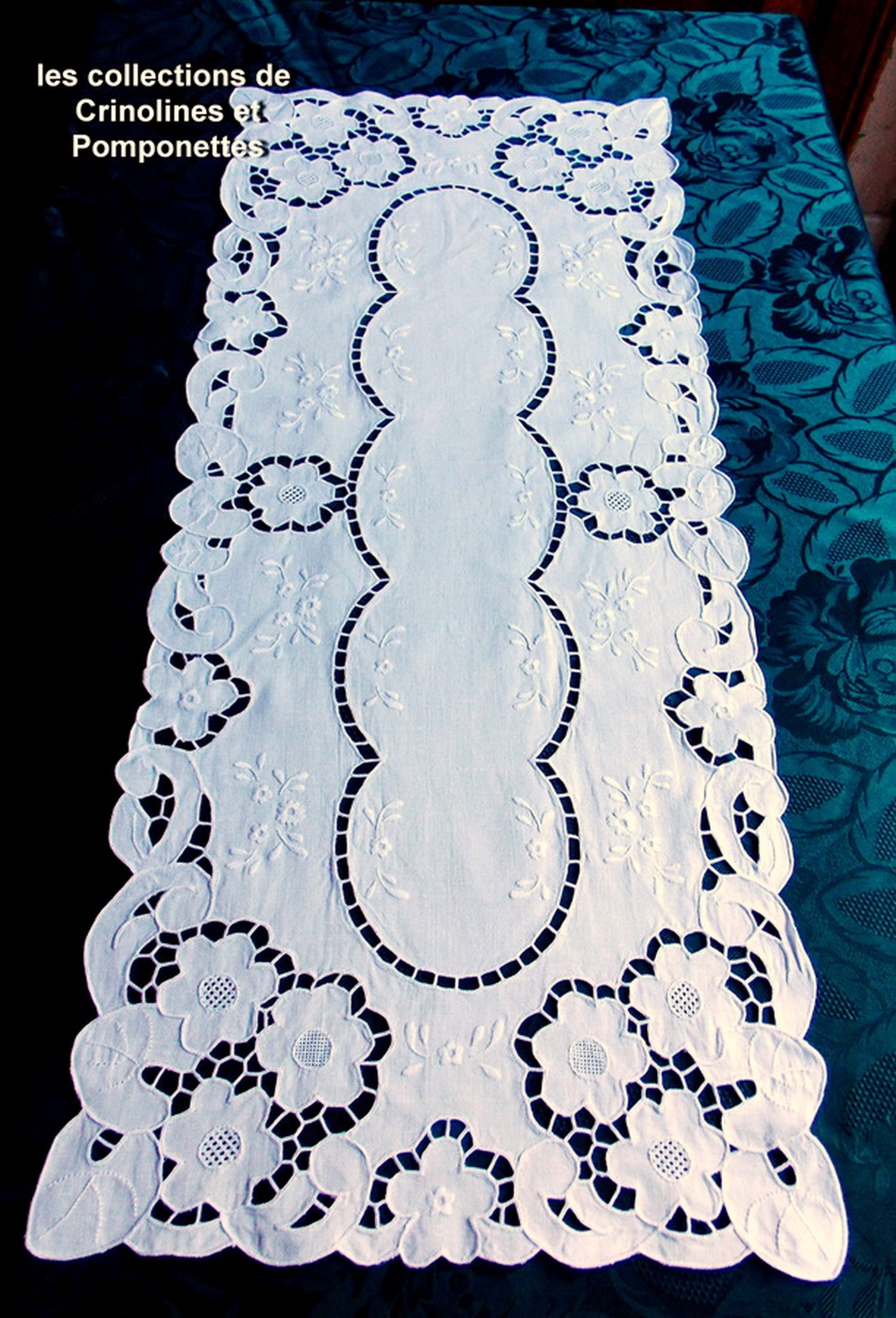 Napperon Brode Main sur Lin Broderie Richelieu Royal Blanc 36x85 Rectangulaire Chemin de Table Aîda