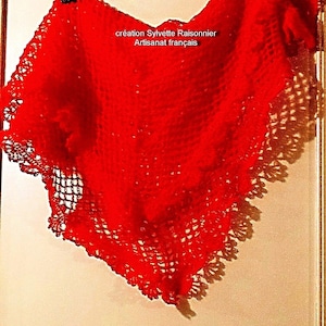 Handmade crochet shawl, created by Sylvette Raisonnier, French craftsmanship, small shawl, neck warmer, red.