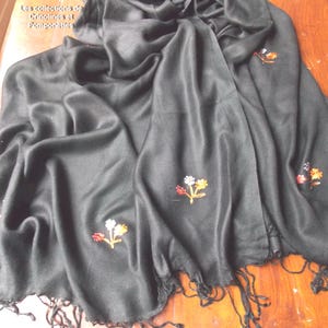 SHAWL STOLE SCARF hand embroidered black on viscose with flower seeds