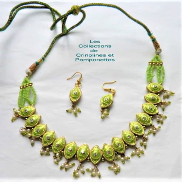 COLLIER pendentif et BOUCLES d'oreilles assorties en LAKH fabrication artisanale  vert tendre oPHELIE