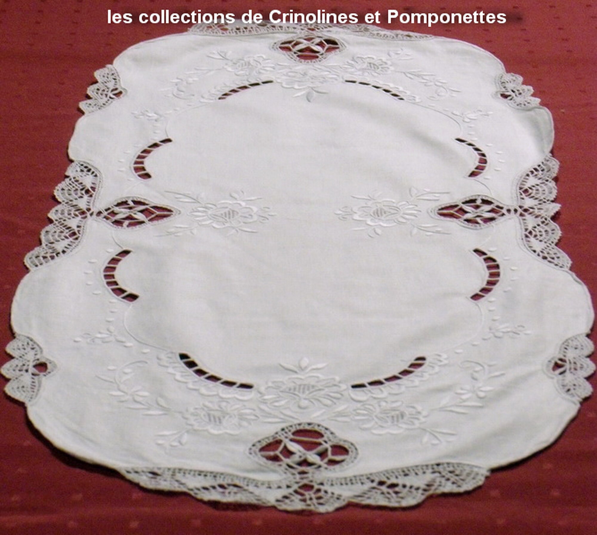 Napperon Brode Main Dentelle Aux Fuseaux Point d'esprit Dinan Ovale Blanc Chemin de Table 36x89
