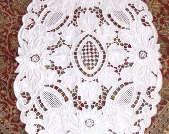 HAND EMBROIDERED PLAID on linen royal white brogue embroidery oval 35cmx50