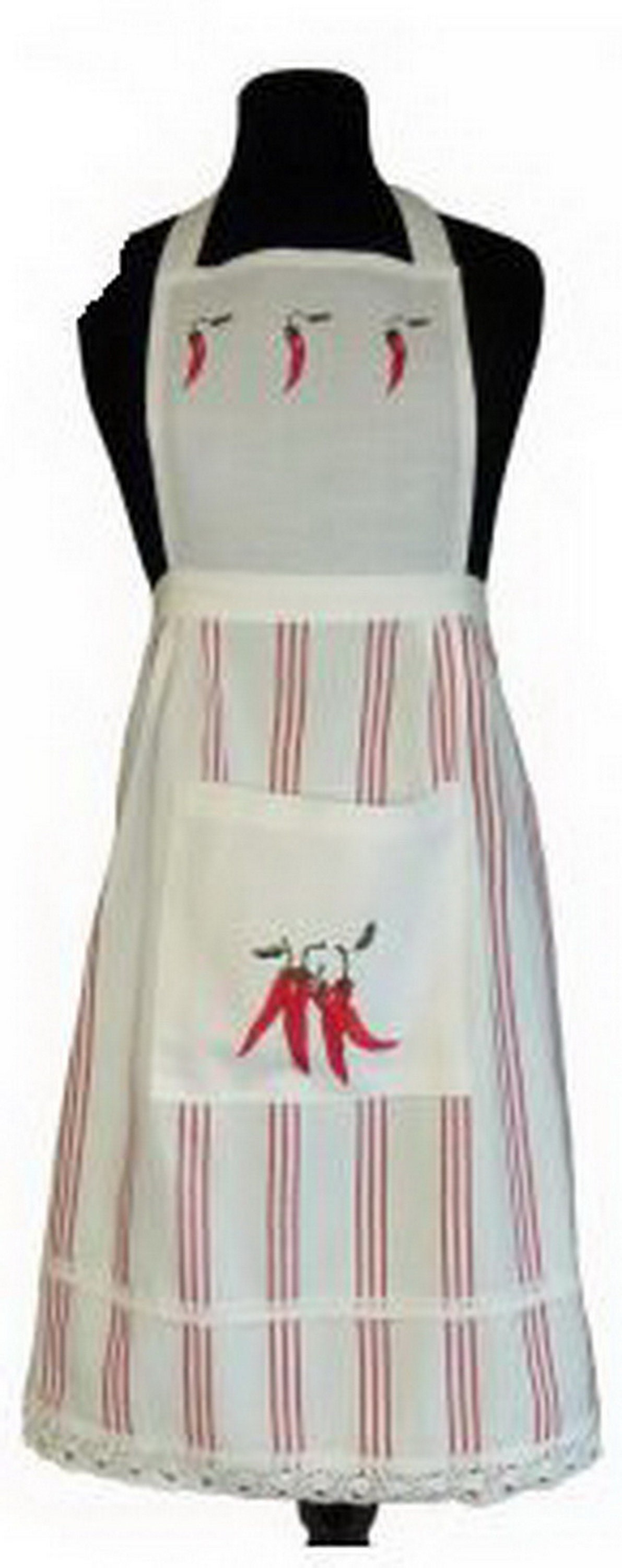 Tablier de Cuisine Bonnemaman Rayé Rouge sur Fond Blanc, Broderie Piments