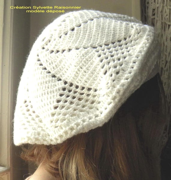 Béret Noir Crocheté Artisanal Français - Création Sylvette Raisonnier - Coton - Taille Unique