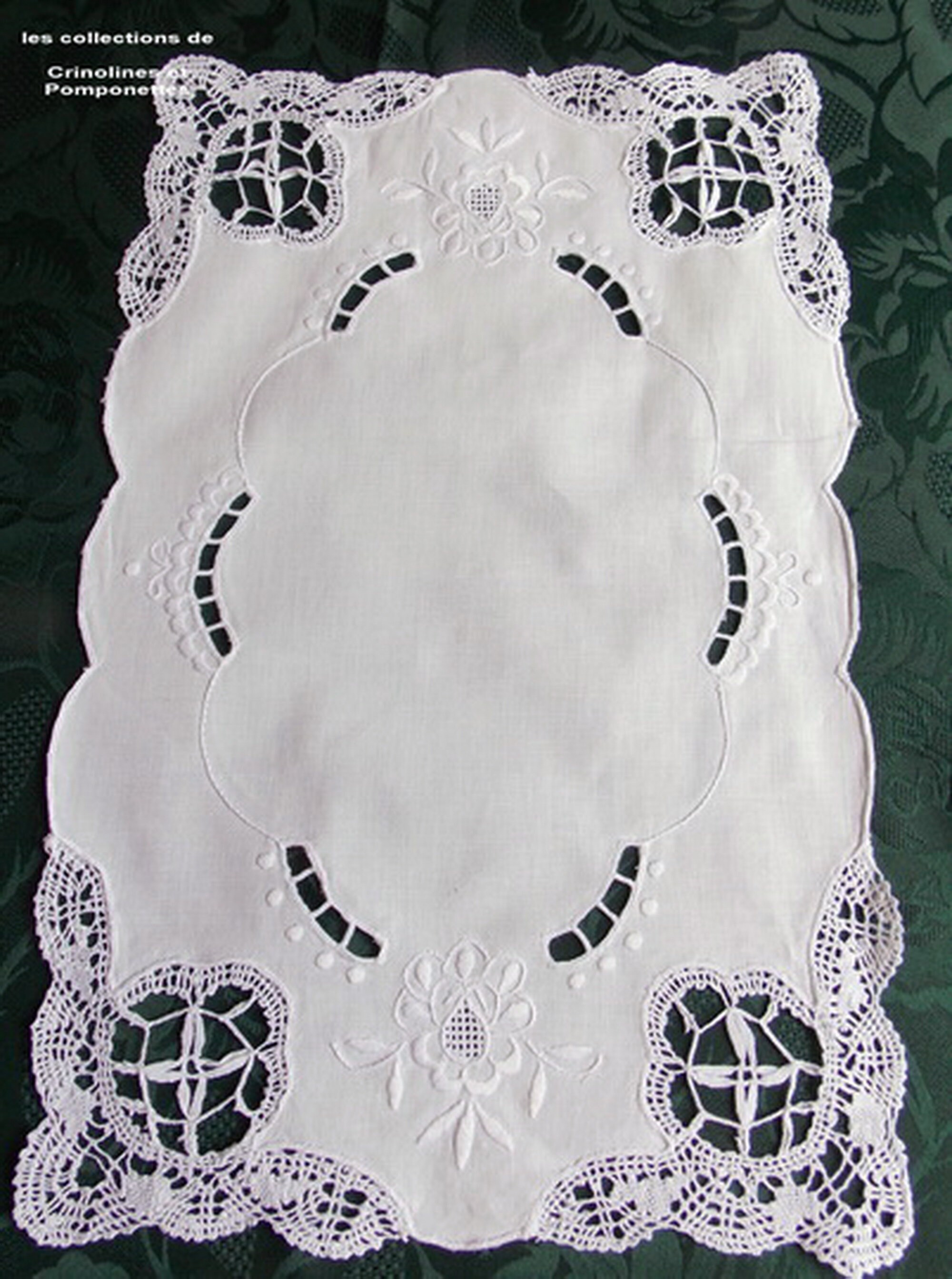 Napperon Brode Main Dentelle Aux Fuseaux Point d'esprit Dinan Rectangulaire 27x43