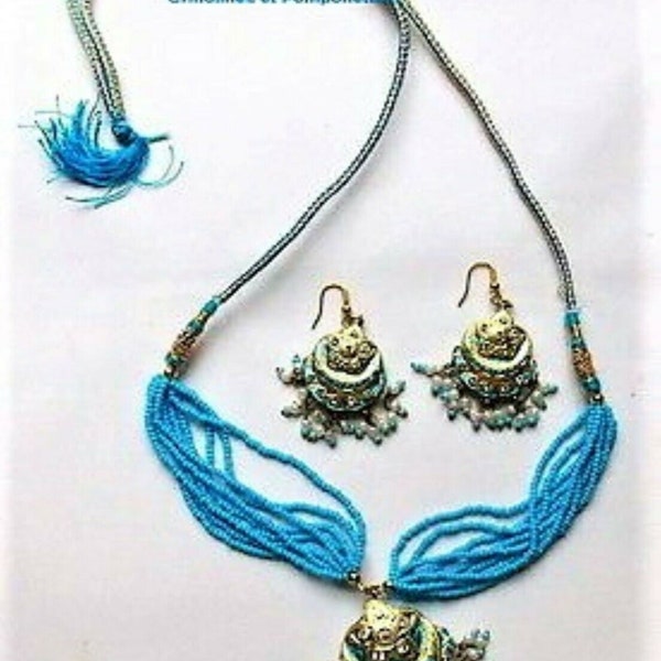 COLLIER pendentif et BOUCLES d'oreilles assorties en LAKH fabrication artisanale  turquoise  belle aurore