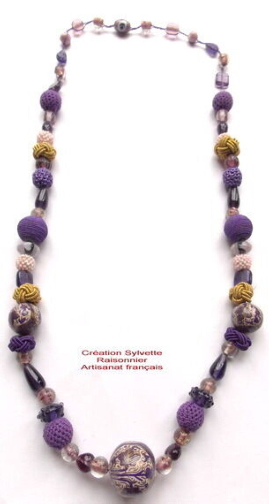 Collier Sautoir Création Main Sylvette Raisonnier - Perles De Verre Violette & Crochet - Style Bohème