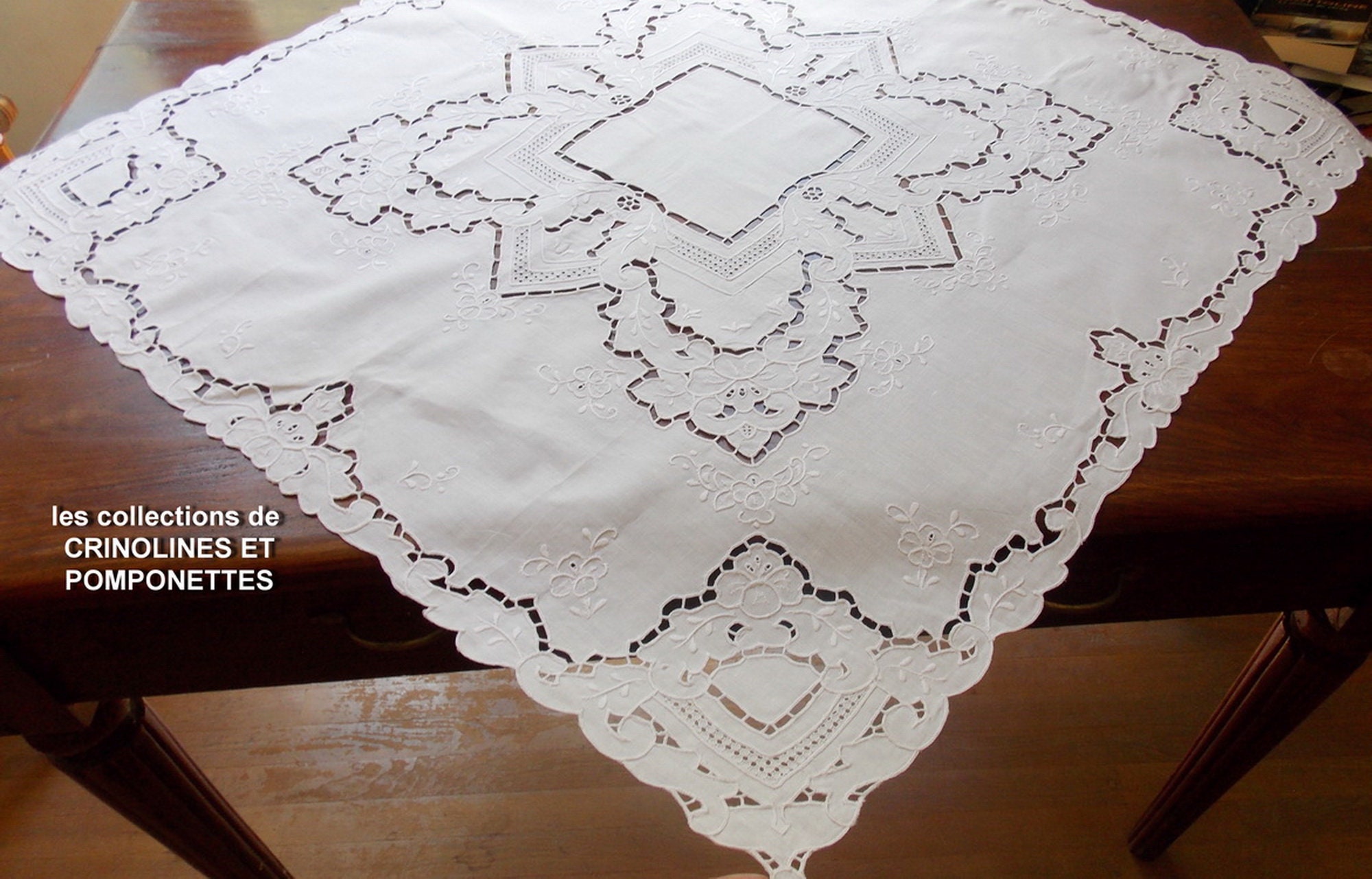 Napperon Surnappe Brode Main Richelieu Carre Blanc 85 cm Anthyna