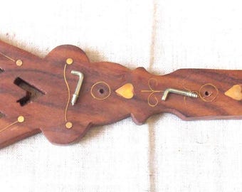 HANDMADE TEA TOWEL HOOK or key ring, in exotic wood with brass inlay, the key