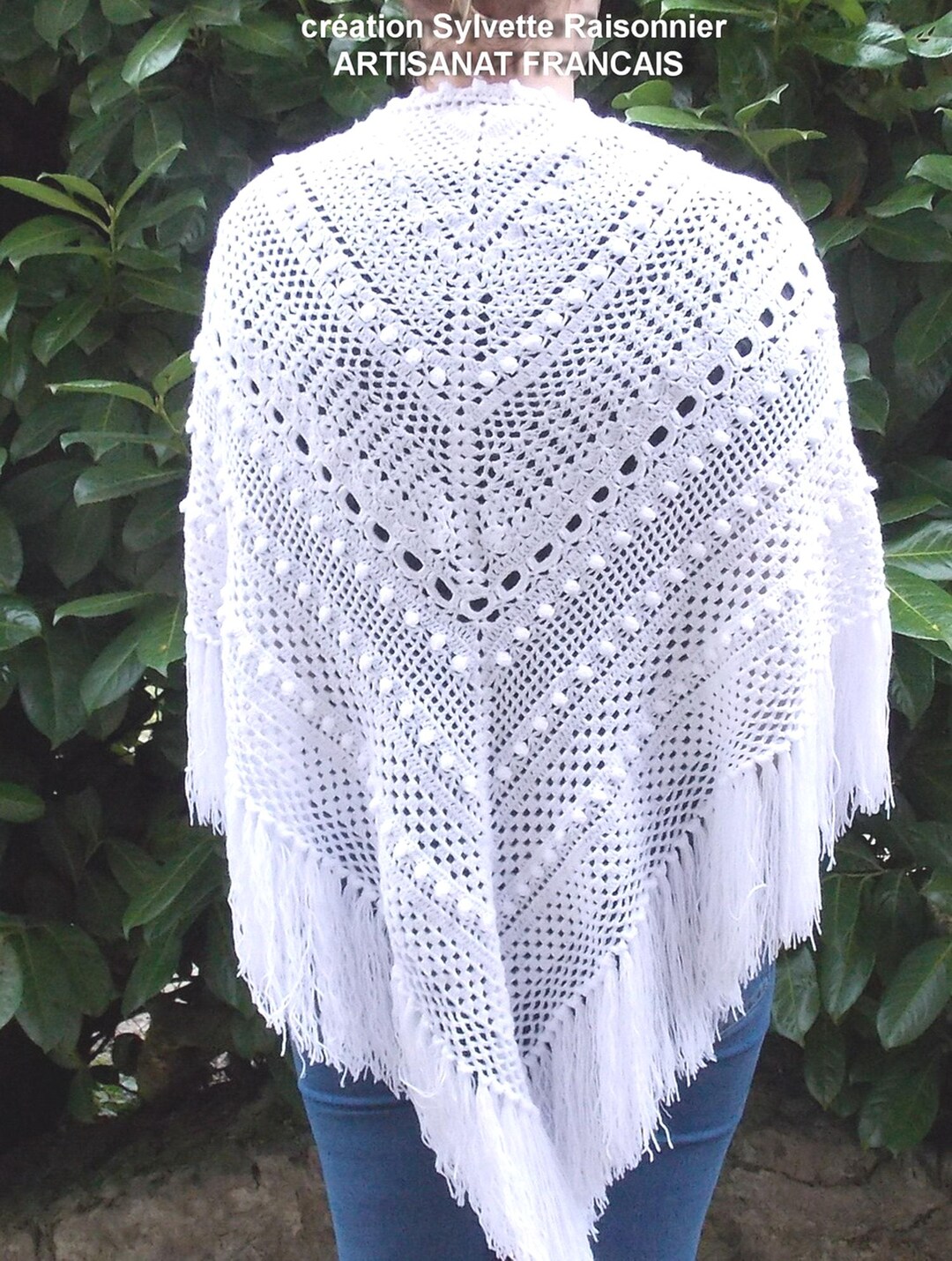 Châle En Crochet Fait Main France – Grand Modèle Blanc Coton – Création Sylvette Raisonnier
