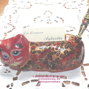 CHAT de COLLECTION  en papier mâché  rouge et or  porte cartes  pour le bureau