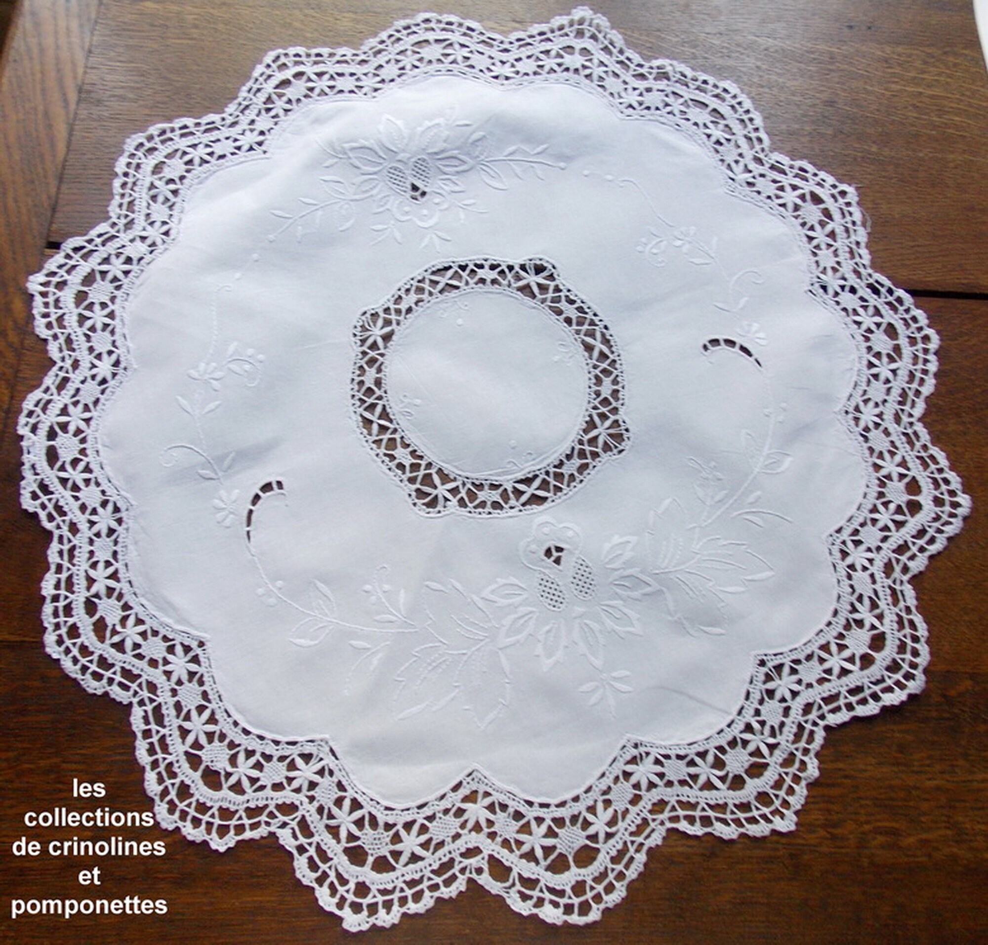 Napperon Brode Main Dentelle Aux Fuseaux Point de Cluny Rond Blanc 58 Centre Table