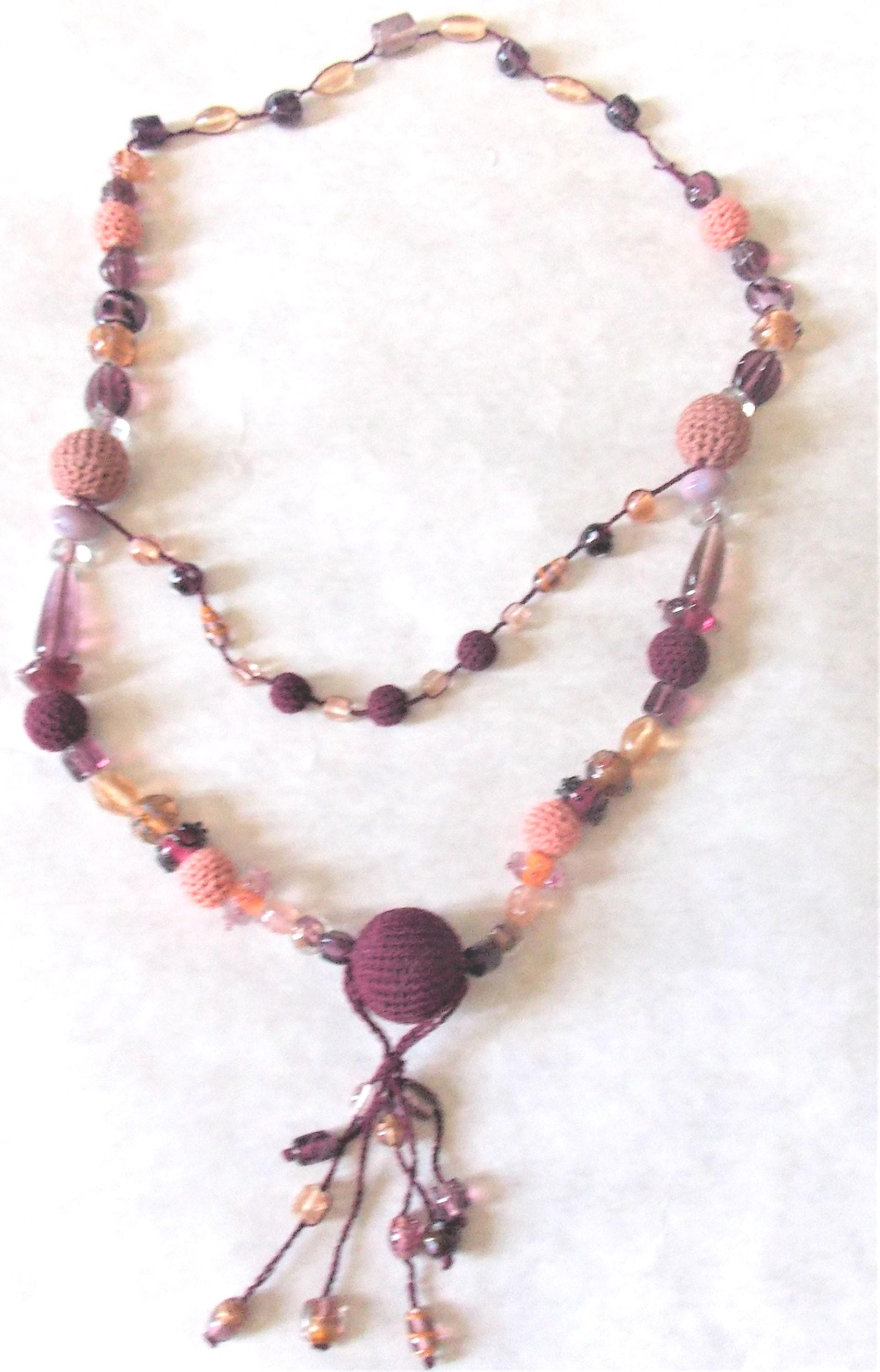 Collier Sautoir Perles De Verre Violet Crochet Main - Création Sylvette Raisonnier, Style Bohème, Neuf Sans Boîte