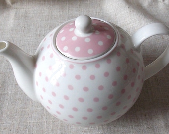 Ceramic teapot only, ISABELLE ROSE collection, white with pink polka dots