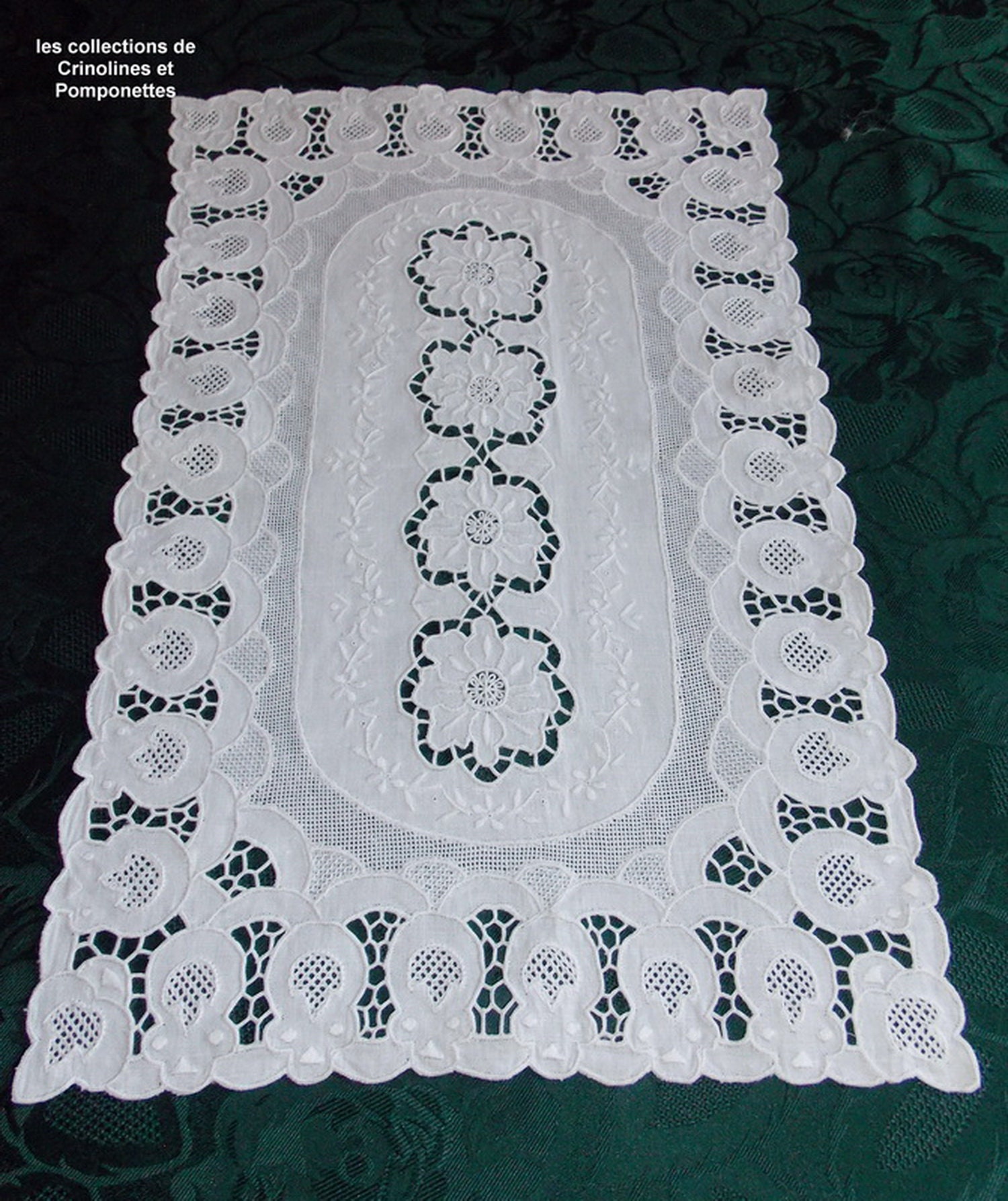 Napperon Brode Main sur Lin Broderie Richelieu Royal Blanc Rectangulaire Chemin de Table 34x55 Calis