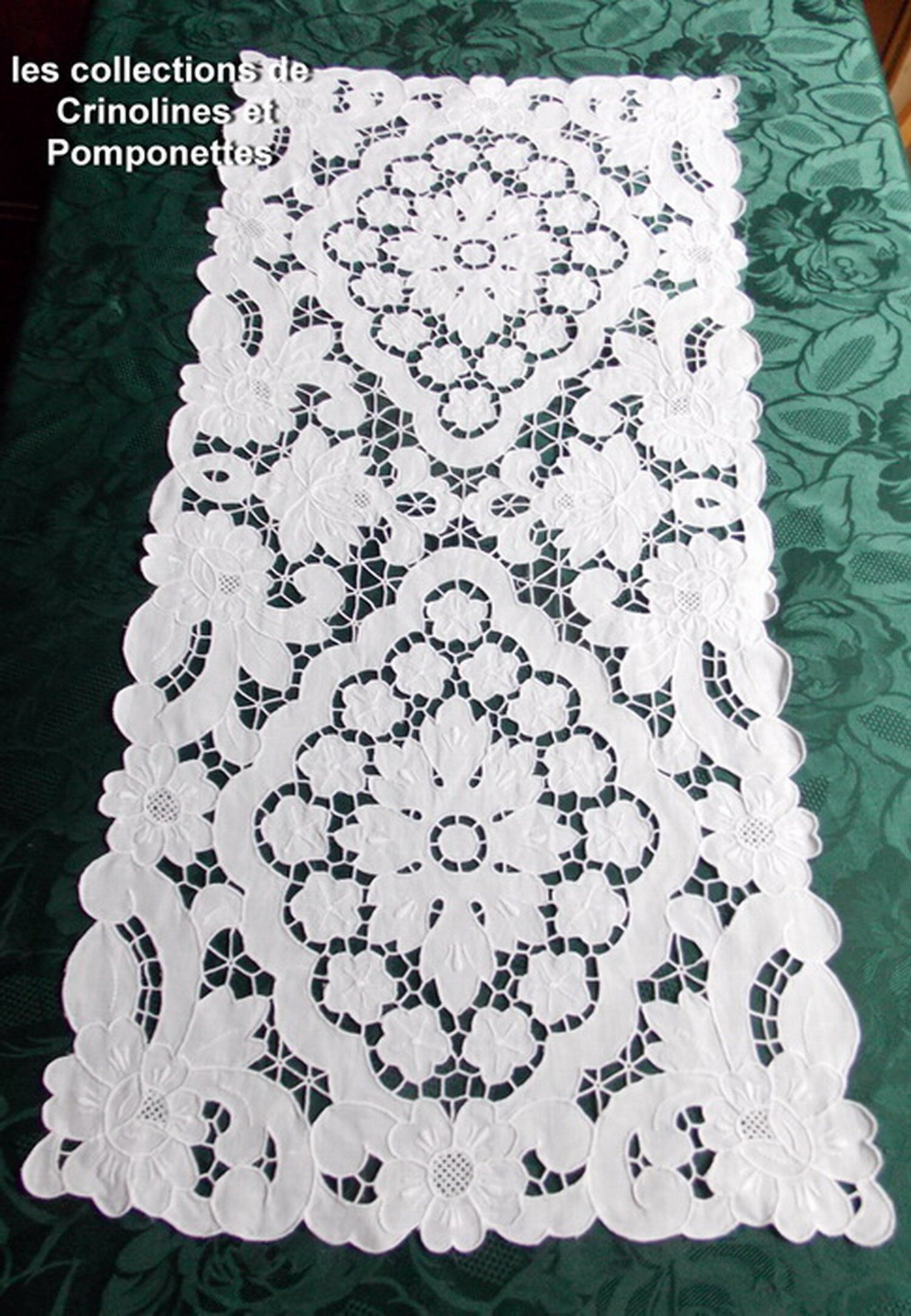 Napperon Brode Main sur Lin Broderie Richelieu Royal Blanc 36x82 Rectangulaire Chemin de Table Athal