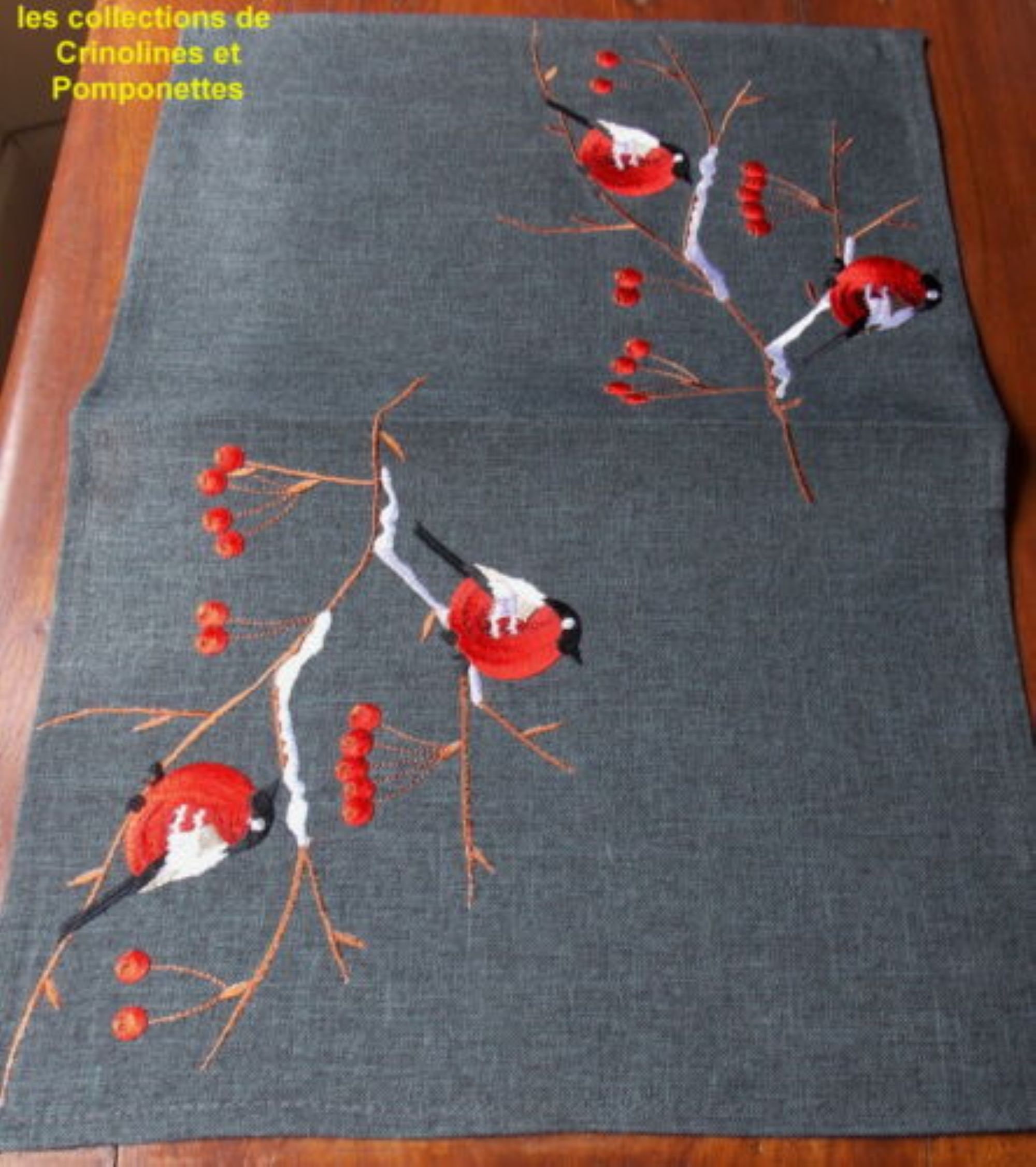 Napperon Brode sur Polylin Anthracite Rectangulaire 35x50 Oiseaux de Feu