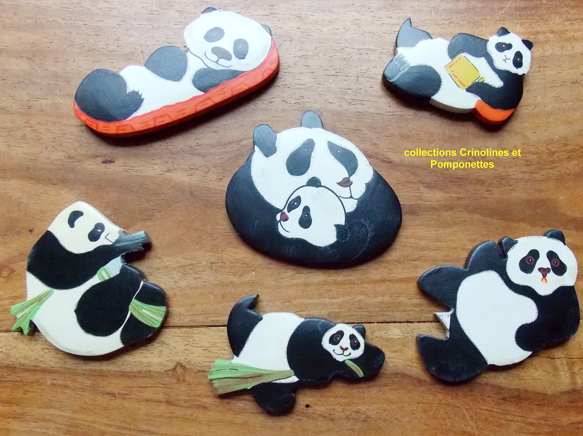 Magnets Pandas en Bois Décorés Main Famille de 6