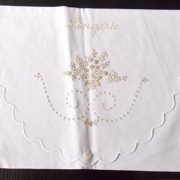 Ecru bouquet hand EMBROIDERED LINGERIE POUCH on white background