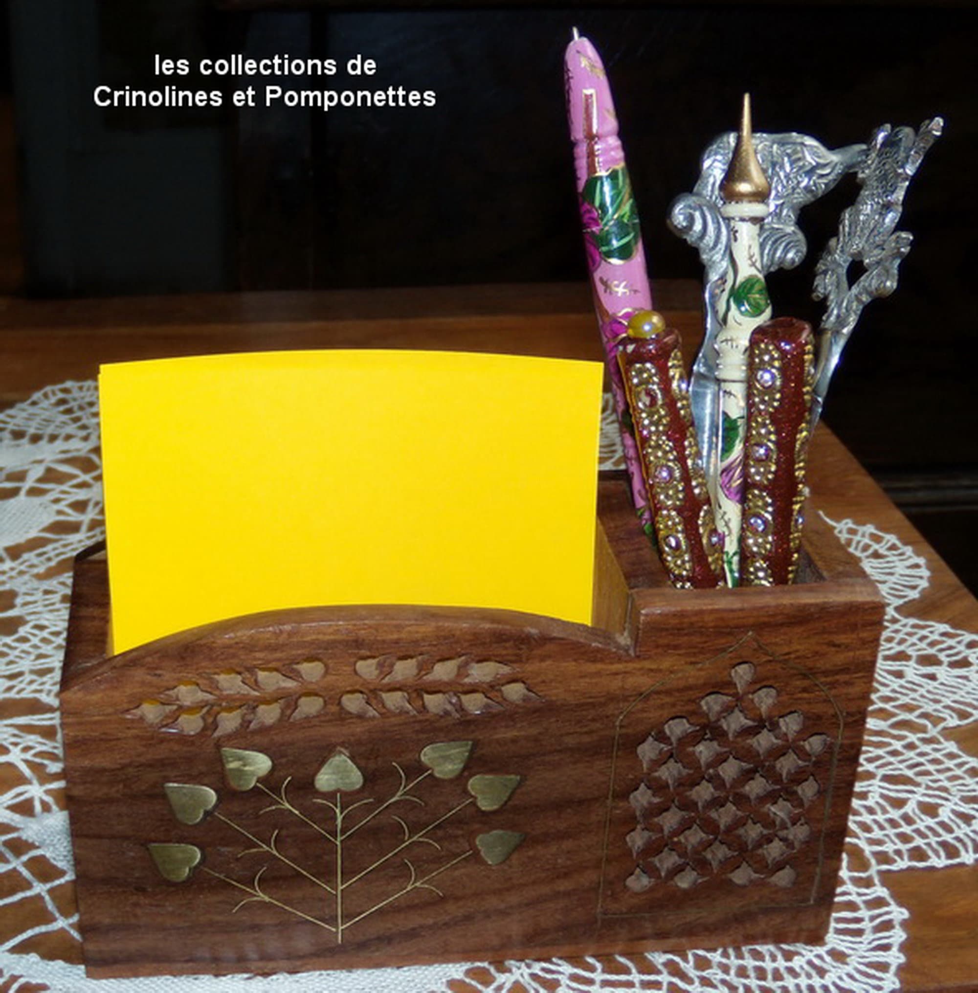 Organiseur de Bureau Bois Exotique Incrustations de Fleurs en Laiton