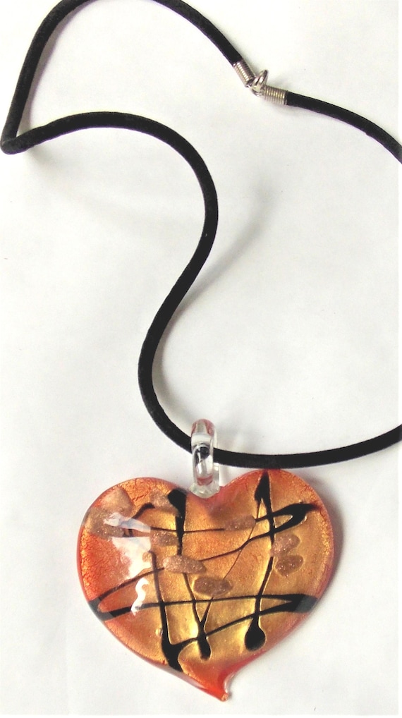 Collier Pendentif Cœur En Verre Murano Et Cuivre - Neuf Sans Emballage - Fait Main