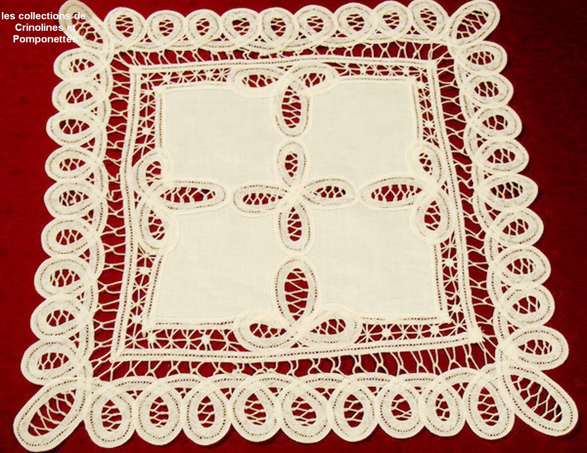 Napperon Dentelle Renaissance Brodé Main sur Lin Carré de 35 Ecru Clair