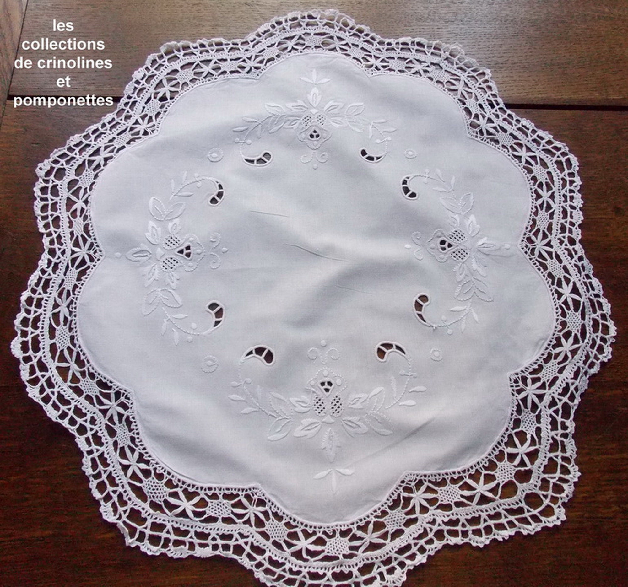 Napperon Brode Main Dentelle Aux Fuseaux Point de Cluny Rond Blanc 45