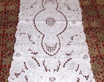 HAND EMBROIDERED PLAID on linen rectangular white royal brogue embroidery 35x82