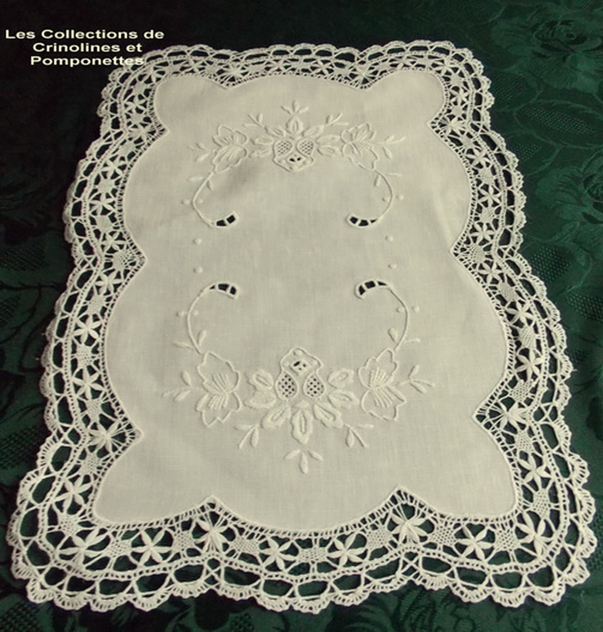 Napperon Brode Main Dentelle Aux Fuseaux Point de Cluny Rectangulaire sur Lin 30x45 Ecru Clair