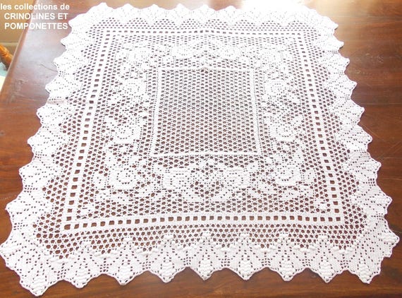 Napperon Centre De Table Carré Blanc 58cm, Broderie Main Renaissance Dentelle