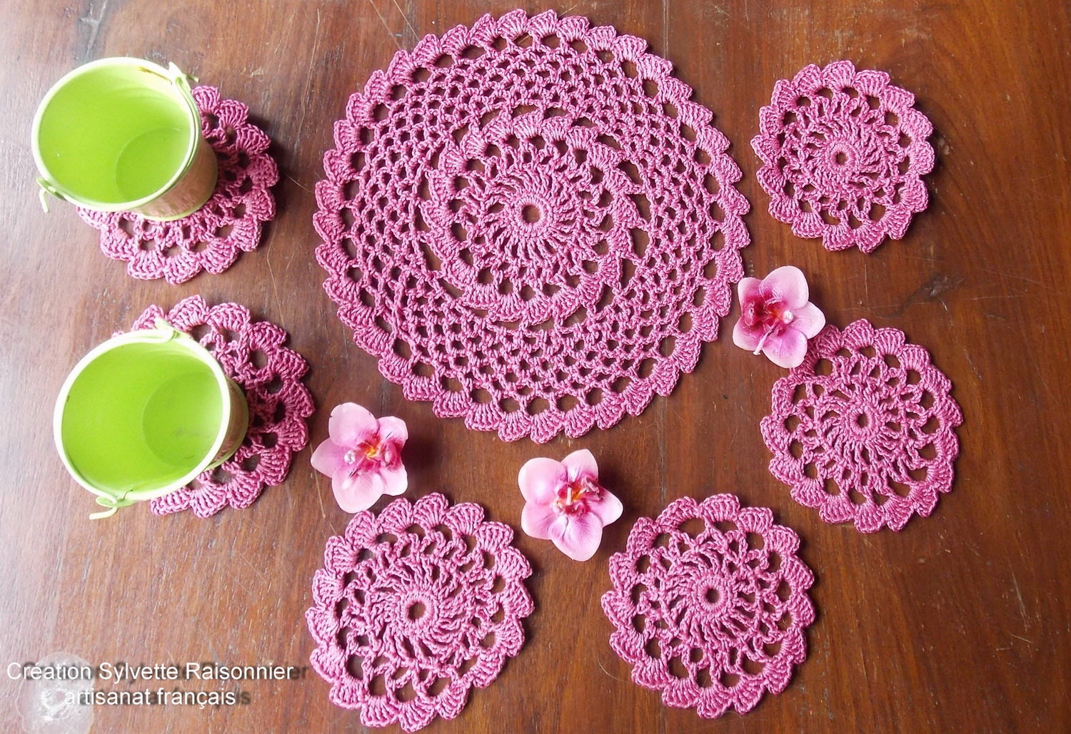 Napperons Crochet Main Artisanat Français Sous Verres Service Aperitif Rose Framboise Création Sylve